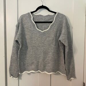 Gray Scalloped Trim V-Neck Knit Sweater XL Dropped Shoulder Viscose Blend Cozy